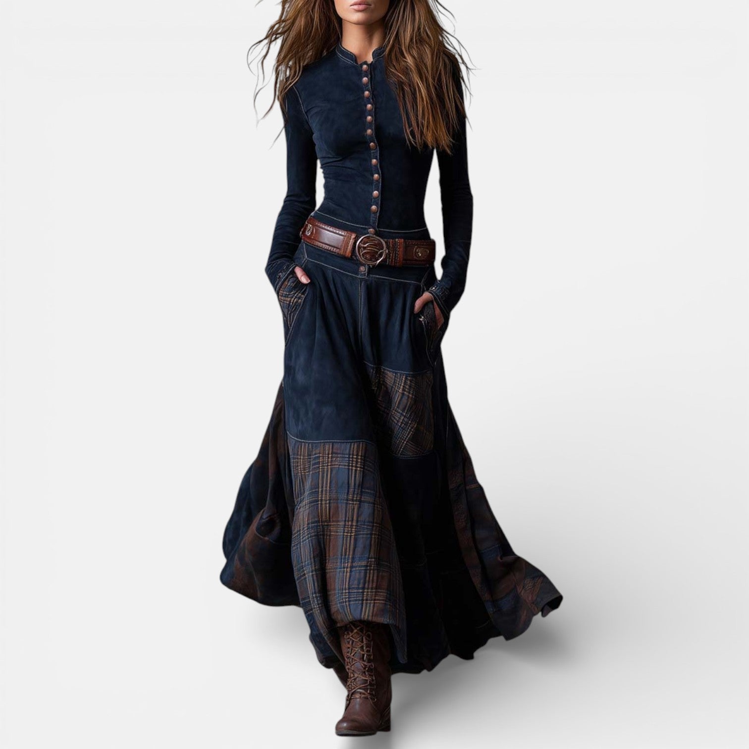 Leonora | Vintage Long Dress in Navy Blue Suede Check (Includes Belt)